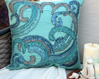 Blue Bead & Sequin Art Silk Abstract Pattern Throw Pillow Cover, 16"x16" Mediterranean Style Cushion Cover, Square Pillowcase - Tides
