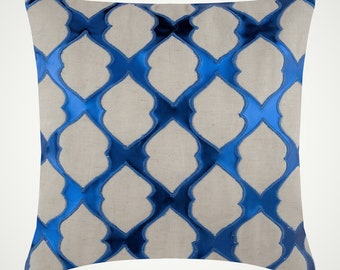 16"x16" Luxury Blue Couch Throw, Cotton Linen Cushion Cover Moroccan, Trellis, Lattice Pillow Cover Abstract Modern Style - Web Designing