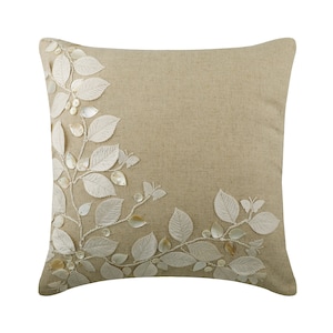 Decorative Beige Cushion Case 16x16, Cotton Linen Pillow Cushion Throw Pillow Cover Nature Floral Contemporary Style Linen Beauty image 1