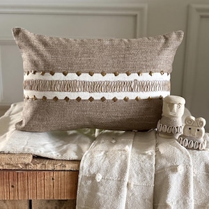 Beige Jute & Linen Band with Sequin, Jute Lace Embroidered Abstract Pattern Contemporary Lumbar Pillow Cover - Terra Beige