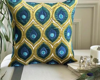 Green Velvet Applique Birds Pattern Modern Throw Pillow Cover - Art Deco Peacock