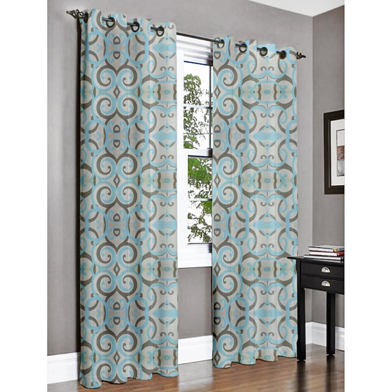 Aqua Scrolls Grommet Blackout Lined Curtain in Textured Jacquard Weave Fabric Decor Housewares Window Treatment Drapes Curtain Panels