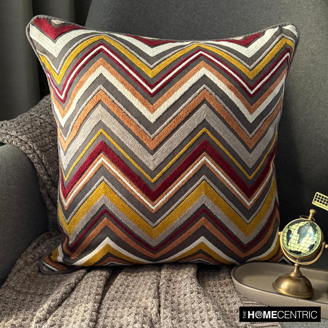 Decorative Chevron Throw Pillow Cover in Cut Velvet Fabric, Modern Pillows in Burgundy & Gray Color, Cut Velvet Couch Pillow - Amber Chevron