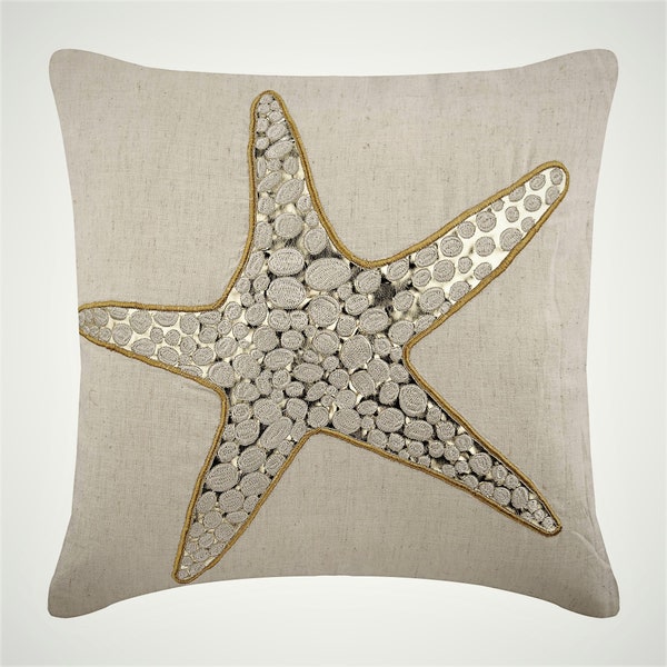 Designer Beige 40x40 cm Des coussins, Lin de coton Cuir métallisé, Applique, Broderie, Créatures de la mer - Gold Scaly Starfish