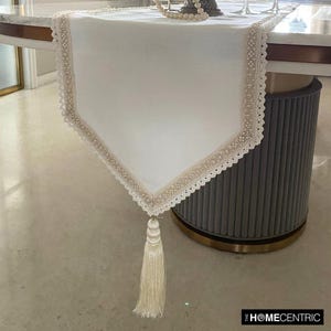 Available in 11 sizes, 4, 6, 8 or 10 seater Decorative Table Runner Ivory White Textured Fabric with Pearl Lace & Tassels - Pearl Radiance