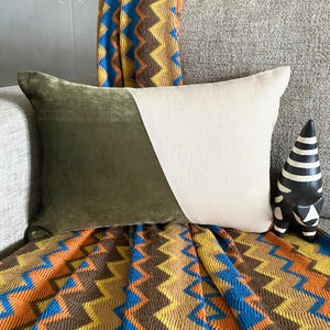 Olive Green Velvet/Linen Color Block Decorative Lumbar Throw Pillow Cover, Modern Style Sofa/Couch Oblong Cushion Cover - Velutinous Olive