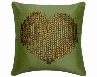 Designer Green Throw Pillow 24"x24"/26"x26", Green Silk Sofa Throw Couch Cushion Cover with Sequins Heart Modern Home Decor - In My Heart