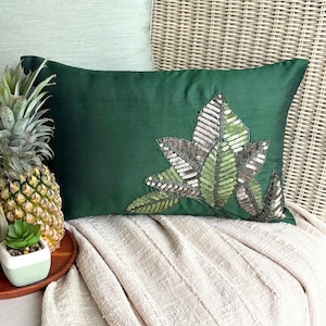 Tropical Lumbar Pillow Cover 12x16 Silk Sequin Embroidered Decorative Oblong Cushion Case Accent Pillows for Couch & Sofa - All About Leaves