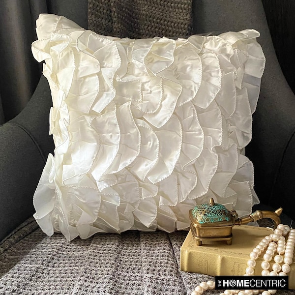 Designer Elfenbeinfarbener Dekokissenbezug 16 "x 16 ", Satin Couchkissenbezug Rüschen Dekokissenbezug Unifarben im viktorianischen Stil - Vintage