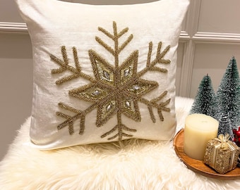 Elfenbein Samt Gold Perlen gestickte Schneeflocke Dekokissenbezug, 16x16 moderne Weihnachtsdekor Kissenbezug, Weihnachtsgeschenk - Gold Flake