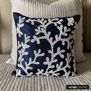 Decorative Navy Blue Euro Sham 24&quot;x24&quot;/26&quot;x26&quot;, Art Silk Toss Throw Pillow Corals, Sea Weeds Throw Pillow Sea - Navy Corals