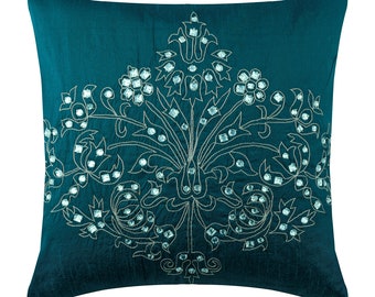 Decorative Throw Pillow Cover Custom 16"x16", Art Silk Sofa Cushion Teal Blue Sofa Throw Damask Pattern Contemporary Style - Teal Damask