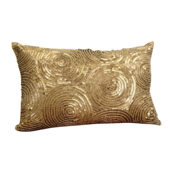 Funda de almohada decorativa oblonga/lumbar, almohada decorativa, sofá de 12x16 pulgadas, almohada de seda dorada bordada con lentejuelas, todos los ojos en oro