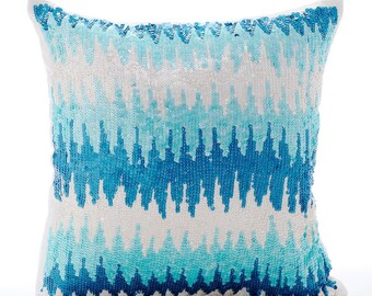 Designer Blue Pillow Case Cover 24"x24" / 26"x26", Art Silk Couch Cushion Cover European Pillowcase Ombre Pattern Modern - Melting Aquas