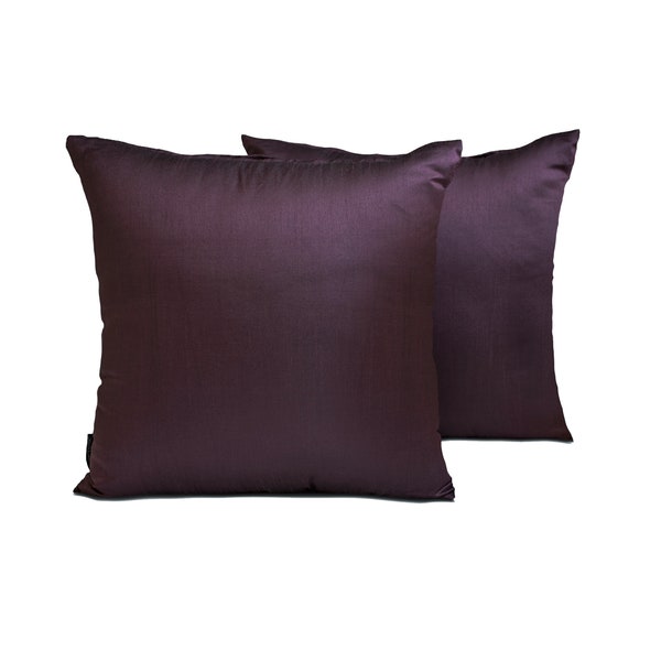 Pack of 2 Dark Plum Art Silk Pillow Covers, Square Throw Pillow Covers, Solid Cushion Covers, Plain Pillow Case - Dark Plum Luxury