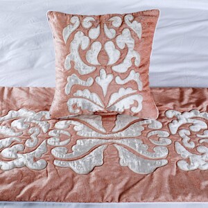 King / Queen / Twin Peach and Ivory Bed Runner with Decorative Throw Pillow Cover, Velvet Applique, Modern Abstract Peach Elegance image 2