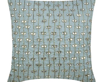 Decorative Floral, Crystals Toss Cushion 16"x16", Art Silk Toss Throw Pillow Light Blue Throw Pillow Abstract - Crystal Buttercups