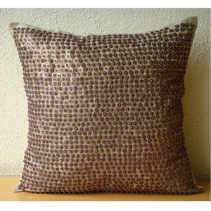 Art Silk Brown Toss Cushion 16x16, Designer Toss Throw Pillow Throw Pillow Circles Dots Pattern Contemporary Style Metallic Magic image 4