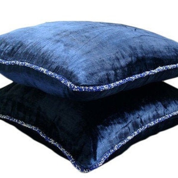 Velvet Navy Blue Throw Pillow Cover 16"x16", Decorative Pillow Custom Cushion Case Solid Color Pattern Contemporary Style - Navy Shimmer