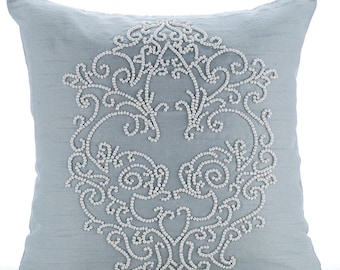 Designer Light Blue Throw Pillow Cover 16"x16", Art Silk Pillow Custom Damask Cushion Case French Toile Victorian Style - French Wedding