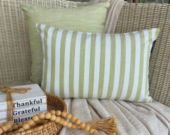Striped Oblong / Lumbar Throw Pillow Cover in Cotton Sage Stripes Pillowcase, Country and Farmhouse Pillow, Nursery Pillow-Lush Lines Sage