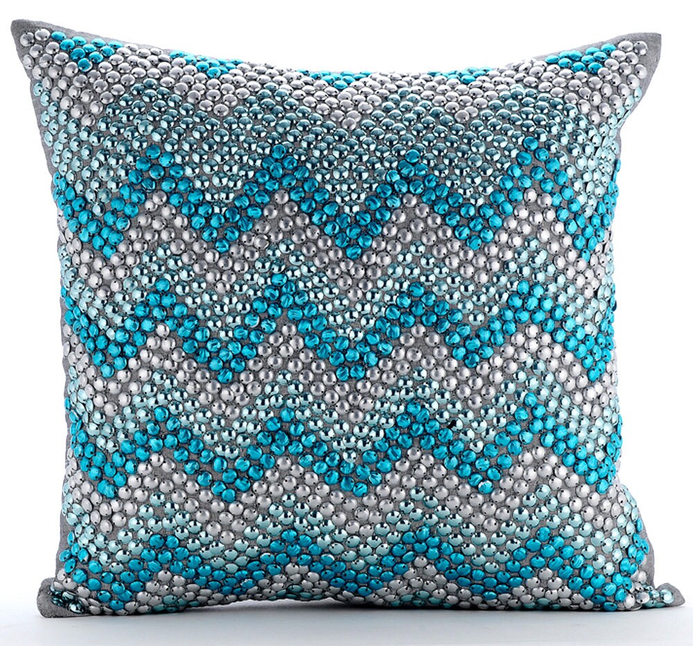 Designer Turquoise Blue Pillow Covers 16x16 Silk Etsy