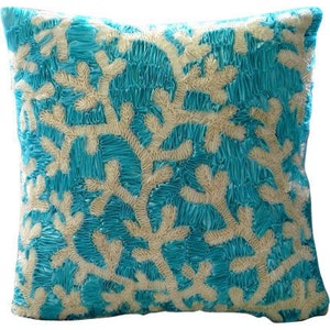 16x16 Handmade Aqua Blue Sofa Cushion Cover, Art Silk Throw Pillow Cover Corals Throw Pillow Case Sea Creatures Beach Aqua Ornate image 1