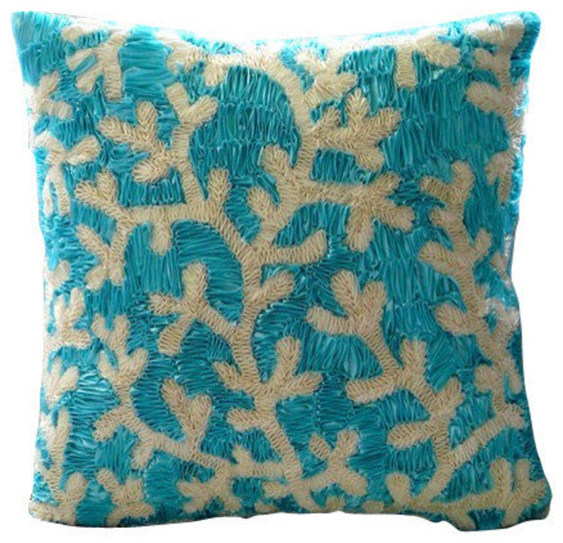 16x16 Handmade Aqua Blue Sofa Cushion Cover, Art Silk Throw Pillow Cover Corals Throw Pillow Case Sea Creatures Beach Aqua Ornate image 1