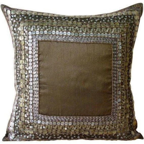 Art Silk Brown Pillow for Sofa 16x16 Handmade Sofa Cushion Cover Metal Toss Pillows Bordered Pattern Traditional Style Ethnic Origins Etsy Canada