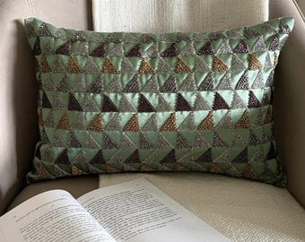 Teal Jacquard, Beaded Geometric Abstract Pattern, Modern Lumbar Pillow Cover - Teal Triad