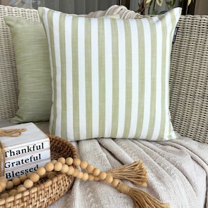 Striped Throw Pillow Cover 16x16 Inch Cotton Green Stripes Pillow, Country and Farmhouse Pillows, Nursery Pillow - Stripe Plush Green