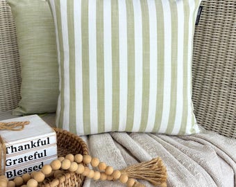 Striped Throw Pillow Cover 16x16 Inch Cotton Green Stripes Pillow