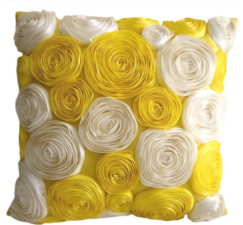 Sunny Yellow Blooms Euro Sham Cover Accent Pillow Decorative Pillow Throw Pillow 24x24 Inch Yellow Silk Pillow Sham Satin Ribbon Embroidery