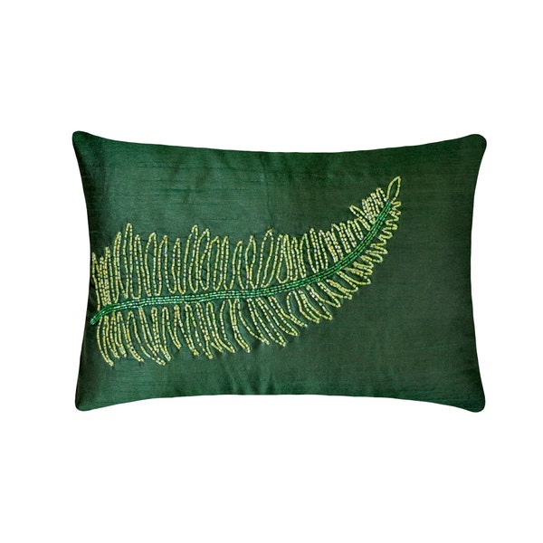 Fundas de almohada decorativas oblongas/lumbares, almohadas decorativas, funda de almohada para sofá, funda de almohada de seda verde de 12x16, bordado con cuentas, té verde