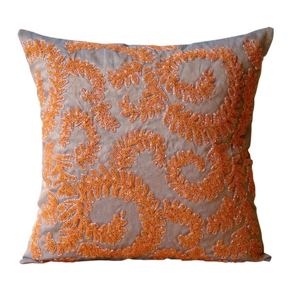 Designer Orange Pillow Covers, 16"x16" Silk Pillows Cover, Square Beaded Garden Rail Pillows Cover, Modern Pillow Covers - Orange Whirlwind