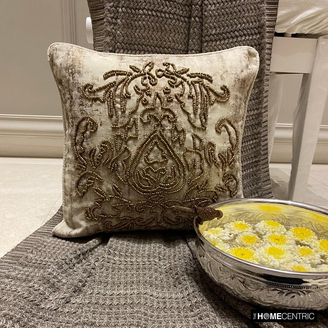 アンティーク雑貨 Edwardian Pillow Sham White / Gold Cotton Foil, Beaded Damask Pattern, Victorian Throw