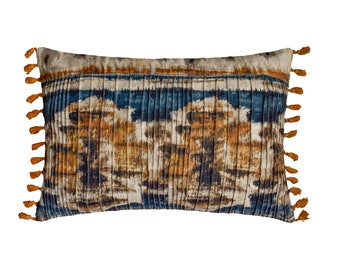 Decorative Oblong / Lumbar Throw Pillow Cover in Ikat Pattern with Pintucks and Tassels Contemporary Style Home Decor - Freya