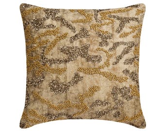Dekorativer Beige Gold Kissenbezug, 16 "x 16" Jacquard Folie Kissenbezug Sofa Hand Perlen Abstraktes Muster Schlafzimmer Dekor - We R Golden
