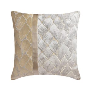 Housse de couvre-oreiller design 24 x 24 po./26 x 26 po. Housse de coussin de canapé jacquard texturé argent/or avec ruban de satin style moderne - Aurifère