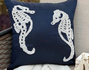 Art Silk Navy Blue Beaded Sea Creature Throw Pillow Cover, 16"x16", Beach Style Cushion Cover - Navy Blue Sea Horse