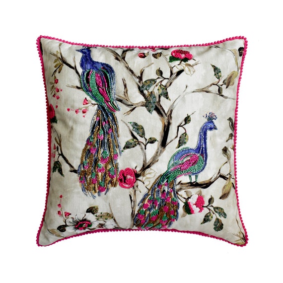 Decorative Pillow Cover 16x16 Peacock Cotton Throw Pillow Cover With Bead Embroidery pom Pom Lace Contemporary Cushion Cover Tavas Etsy