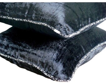 Velvet Black Throw Pillow Case 16"x16", Decorative Sofa Pillow Cover Sofa Pillow Solid Color Pattern Contemporary Style - Black Shimmer