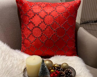 Decoratieve rode bankkussenhoes 16" x 16", fluwelen sierkussenhoes latwerk, rooster sierkussenhoes geometrisch - rood fluweel kristal