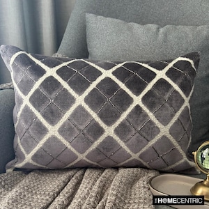 Decorative Oblong / Lumbar Throw Pillow Cover in Gray Velvet Geometric Pattern Beaded Modern Couch Pillow, Luxe Home Decor - Graphite Grid