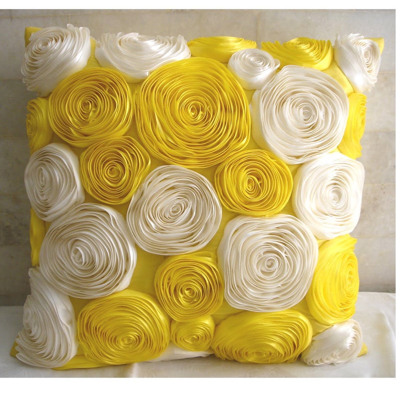 Sunny Yellow Blooms Euro Sham Cover Accent Pillow Decorative Pillow Throw Pillow 24x24 Inch Yellow Silk Pillow Sham Satin Ribbon Embroidery