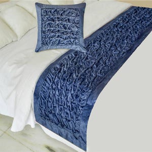 King / Queen / Twin Blue Bed Runner with Matching Throw Pillow Cover in Velvet Knots & Texture, Bedding Decor - Sapphire Knots