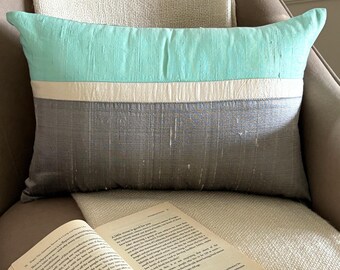 Pure Silk Decorative Lumbar Pillow Cover, Rich Aqua /Grey Color Block Oblong Cushion Cover, Modern Style Silk Pillowcase - Plush Aqua Silk