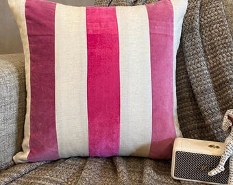 Decorative Throw Pillow Cover 16x16 Inch Velvet & Linen Cushion Cover Light / Fuchsia Pink Striped Patchwork Modern Home - Velvet Band Pink
