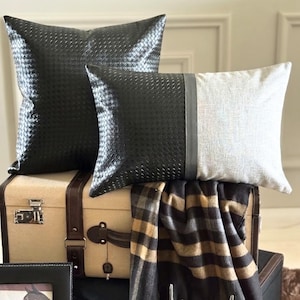 Peut inclure: Un coussin carré noir avec un motif tissé texturé et un coussin rectangulaire présentant un côté noir tissé texturé associé à un côté en tissu gris clair. Les coussins sont présentés sur une valise vintage beige avec des sangles en cuir marron.