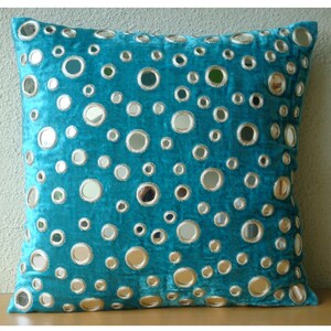 Luxury Turquoise Blue Bed Pillow case 24x24/26x26, Velvet Pillow Sham Pillow Case Cover Circles Dots Contemporary Aqua Reflections image 6